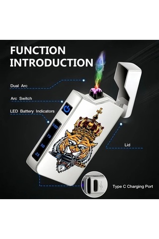 Trendooze Altın Renk Gaojunshop01 Taçlı Kaplan Rüzgar Geçirmez Çift Ark Usb Şarjlı Çakmak Altın