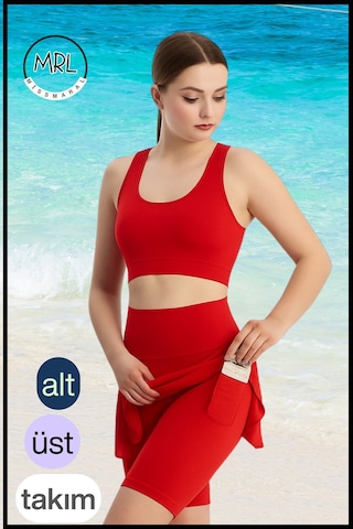 Kadın Takım Alt - Üst Biker Şort Diz Üstü &crop Bra Ped Destekli Denizde Havuzda Sporda Kırmızı Kırmızı
