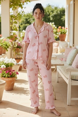 Siyah İnci Bürümcük-krınkıl Büyük Beden Düğmeli Pijama Takım26120826 26120826 Pembe Fiyonk