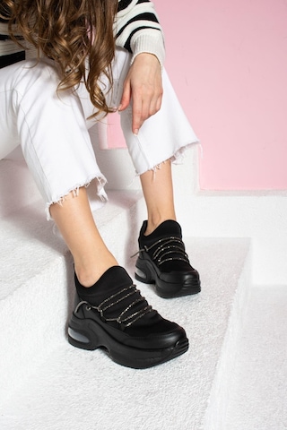 Shoetek Katalina Kadın Sneakers Skubu Kumaş İpli Taşlı Spor Ayakkabı Siyah Deri Siyah