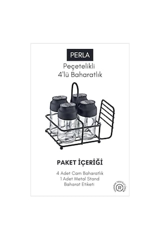 Gri Mor Life Perla Metal Standlı Peçetelikli 4'lü Çift Kapaklı Cam Baharatlık Seti - Tuzluk Biberlik Peçetelik Genel