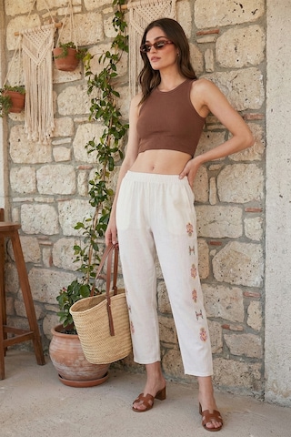 Lela Bohem Işlemeli Keten Ve Pamuk Karışımlı Şalvar Bayan Pantolon 5865050 Bej-Fuşya