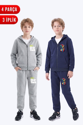 Panios Kids 3 İplik Baskılı Erkek Çocuk Fermuarlı Kapüşonlu 2'li Eşofman Takımı 4 Parça Gri - Lacivert