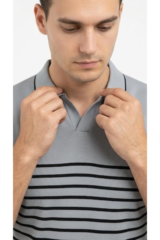 Plus Scorpion Erkek Çizgili Polo Yaka Triko Tişört Slim Fit İnce Triko Yazlık Şık Model Gri
