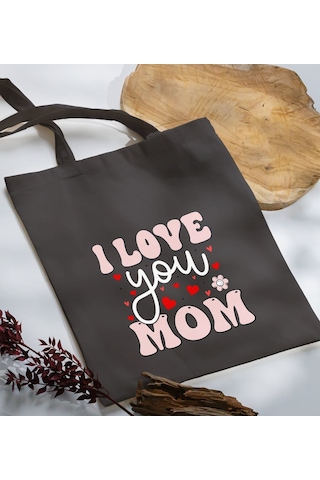 Bk Gift Anneler Günü Tasarımlı Antrasit Kumaş Bez Çanta, Baskılı Omuz Çantası, Alışveriş Çantası, Anneler Günü Hediyesi, Anneye Hediye-2 Çok Renkli