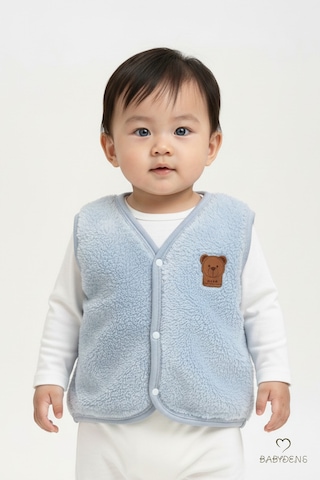 Babyden's Welsoft Erkek Bebek Çocuk Çıtçıtlı Yelek Ayıcık Armalı, Yumuşak Peluş Bebek Yeleği Bebe Mavisi
