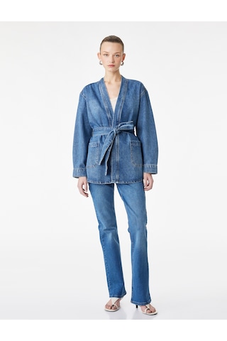 Koton Regular Fit Cepli Uzun Kollu Kemerli Denim Ceket Orta İndigo 6sal60006md