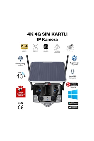4k 4g Sım Kartlı Solar Kamera Çift Lensli Sesli Görüşme 180 Panoramik Görüş Ip Kamera 128gb Hediye