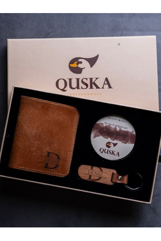 Quska Kişiye Özel İsimli El Yapımı Hakiki Deri Kiremit Cüzdan+anahtarlık Hediyelik Set- Grain Minimal Kahverengi