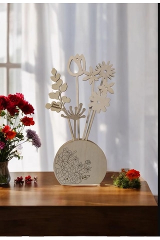 Ahşap Çiçek Sepeti Dekoratif Desenli Boya Setli 6 Parça Çiçekli