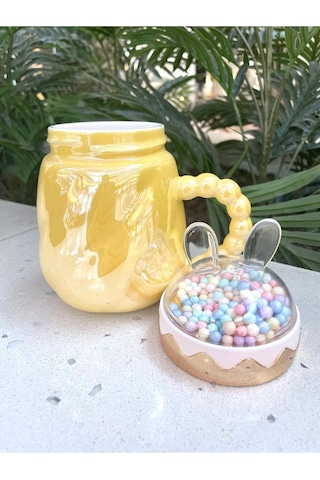 Tavşan Kapaklı Ponpon Kupa Mug Sarı