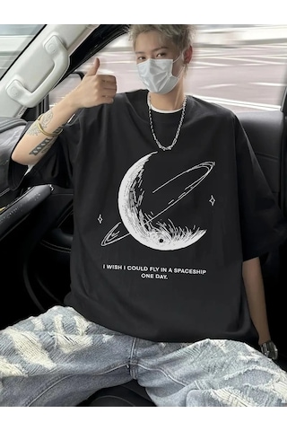 Moda Assema Erkek Baskılı Tişort Kısa Kol Bisiklet Yaka Ovarsize T-shirt - - Siyah Çok Renkli