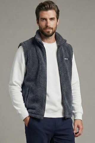 Genius Store Genıus Store Erkek Yelek İçi Şardonlu Sherpa Peluş Yelek Tam Fermuarlı Cepli Kuzu Outdoor Yelek Füme