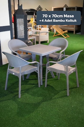 Alezy Bambu Balkon Bahçe Masa Takımı 4 Kişilik 70x70 Masa 4 Adet Bambu Koltuk Gri