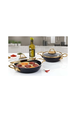 Lines Maya Granit Desenli 4 Parça Sahan Set Altın Kulp Siyah