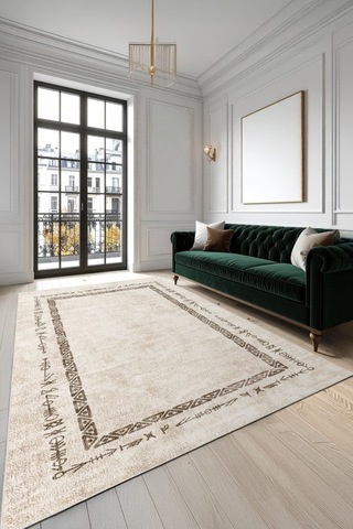 Zeminde Geleneksel İzler Geometrik Motifli Bej Renkli Kaymaz Taban Halı Bej