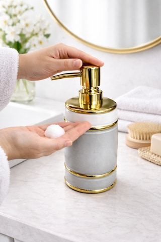 Mona Gold Detaylı Porselen Sıvı Sabunluk Modern Banyo & Mutfak Aksesuarı Gri