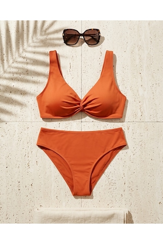 Büyük Beden Balenli Çapraz Detaylı Ayarlanabilir Askılı Toparlayıcı Kadın Bikini Takım Turuncu