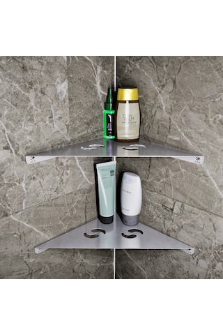 Paslanmaz Çelik 2 Katlı Köşe Banyo Rafı Defne Model 25,3x25,3 Cm - Yapıştırmalı & Vidalı Montaj Gri