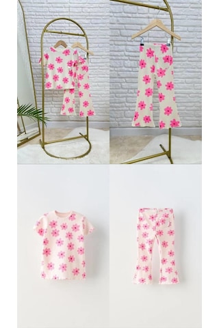 Kız Çocuk Pembe Çiçek Desenli Fitilli Kumaş T-shirt Tayt İspanyol Alt Üst Takım Pembe