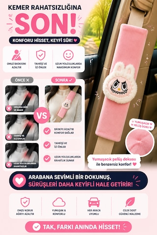 Bunny Pembe Emniyet Kemeri Aksesuarı - Emniyet Kemeri Kılıfı - Araç Emniyet Kemeri Omuz Koruyucu 1 Adet