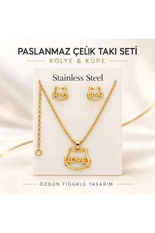 Paslanmaz Çelik Love Yazılı Kedi Figürlü Kolye Ve Küpe Seti Altın Paslanmaz Çelik Love Yazılı Kedi Figürlü Kolye Ve Küpe Seti Altın