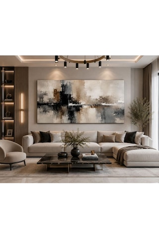 Modern Şehir Yansımaları Soyut Kanvas Tablo Bej Siyah Gri Tonlarda Premium Minimalist Duvar Dekoru Salon, Yatak Odası Ve Ofis İçin Şık Tasarım