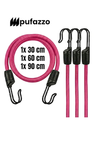 Pufazzo Kancalı Bagaj Lastiği 3 Adet - Bagaj Gergi Lastiği Pembe 30-60-90cm 3 Adet