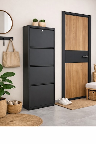 Avenza Living Kilitli 4 Kapaklı Metal Ayakkabılık - Beyaz Antrasit