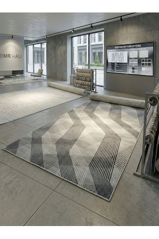 Carpet Çizgili Jel Kesme Halı Yolluk Gri