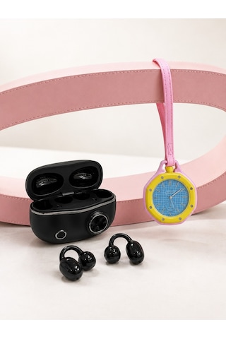 Kablosuz Kulaklık Seti Ve Pembe Askılı Analog Charm Saat Günlük Kullanım Kampanyası Altın