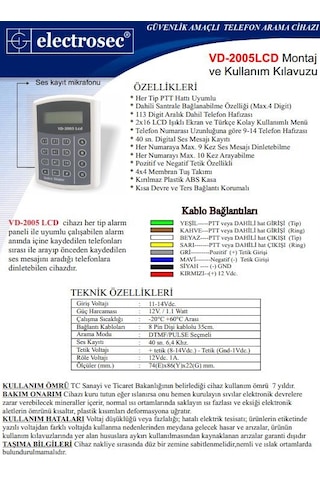 Electrosec Vd-2005 Lcd Telefon Arama Modülü
