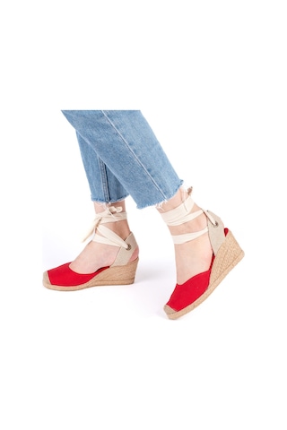 Gerçek Elişi Ipli Espadril Dolgu Topuk Keten Espadril Handmade Kırmızı