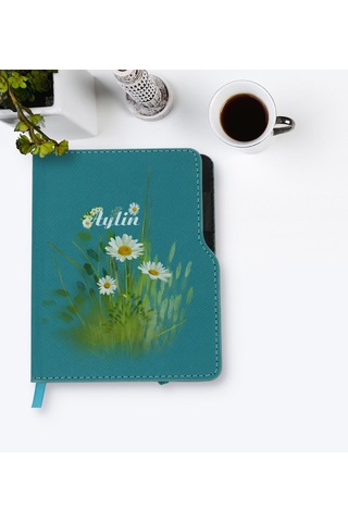 Kişiye Özel Papatya Temalı Turkuaz Termo Deri Defter-13