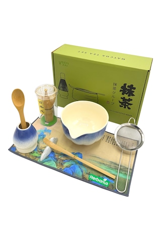 6 Parça Mavi Beyaz Renk Matcha Çayı Hazırlama Seti - Geleneksel Japon Matcha Seti Mavi - Beyaz