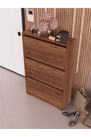 Skeche Düşer Kapak Ayakkabılık Raflı Ayakkabılık 3 Bölmeli Ayakkabılık Ceviz Ceviz