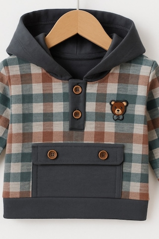For My Baby Kapüşonlu Ekose Detaylı Bebek Takımı Füme