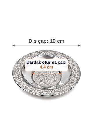 Binbir Trend 10 Cm Otantik Desenli Paslanmaz Çelik Çay Tabağı, Kırılmaz Metal Çay Bardağı Altlığı 6 Adet Gümüş