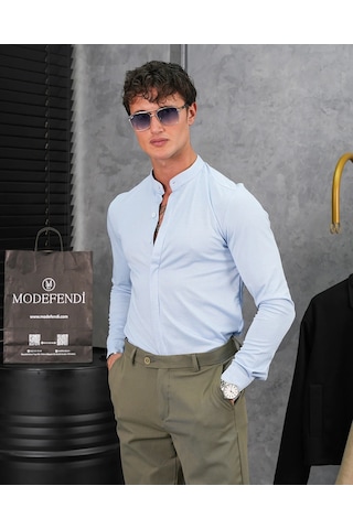 Modefendi %100 Pamuklu Slimfit Gizli Kanun Yaka Gömlek Mavi