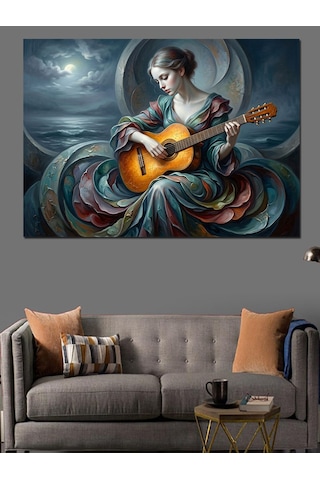 Gitar Çalan Mistik Kadın Portresi Dekoratif Kanvas - Mdf Ahşap Tablo