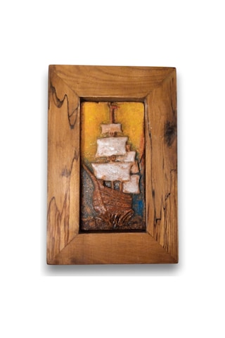 Ahşap Çerçeveli Seramik El Yapımı Handmade Gemi Tablo 15x22,5x2,5cm Çerçeveli