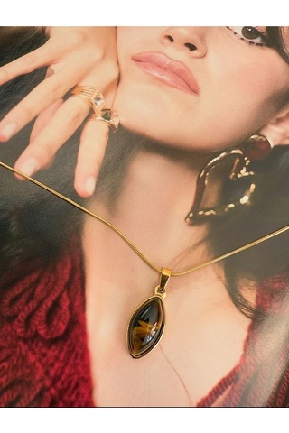 Oval Kahverengi Taşlı Kararmaz Çelik Kadın Gold Kolye Modern Ve Altın