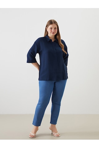 Lcwaıkıkı Classic Lacivert Oversize Armürlü Kadın Gömlek