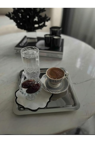 6'li Lüx Kare Paslanmaz Çelik Gümüş Renk 21x21cm Kahve Servis Sunum Tepsisi Çok Renkli