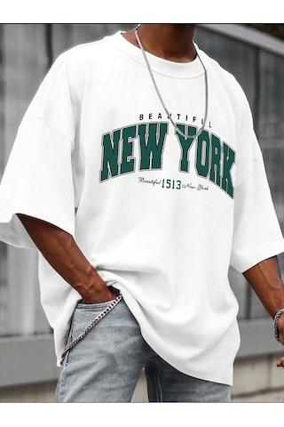 New York 1513 T-shirt - Beyaz Baskılı Oversize Bisiklet Yaka Kısa Kol Tişört Beyaz