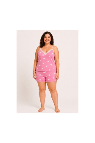 Bravie Kadın Büyük Beden İp Askılı Yakası Dantelli Beyaz Kalpli Pembe Yazlık Pijama Takımı Açık Pembe