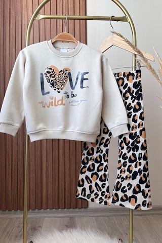 Lolliboomkids Kız Çocuk Love Leopar Baskılı İspanyol Paça Tayt Alt Üst Takım 3 İplik Taş