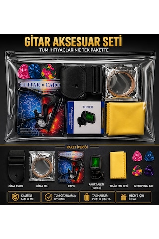 Valares Profesyonel Gitar Aksesuar Seti Tuner + Capo + Tel + Pena + Askı + Temizlik Bezi Full Set