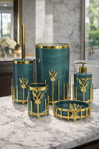 Makri Home Gold Kaplama Metal Stantlı 5 Parça Mermer Desenli Ve Düz Renk Seçenekli Banyo Aksesuar Takımı Yeşil