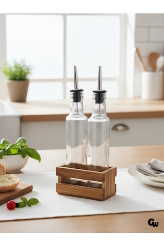 Ahşap Doğal 2li Yağdanlık Ve Sosluk Ahşap Cam Set Takımı Set Kiraz 1 Set Ahşap